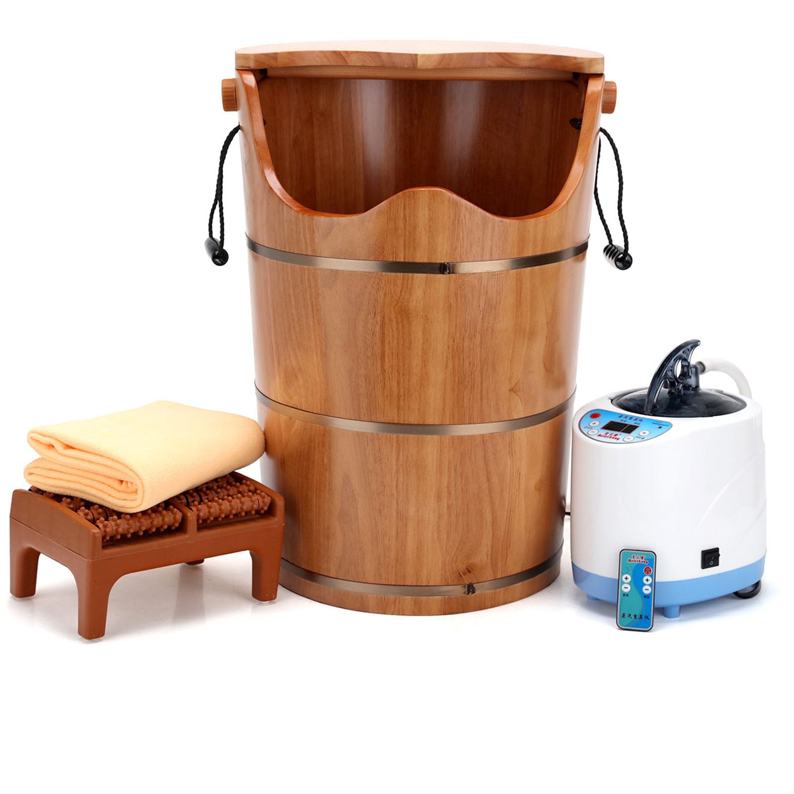Vasca per pediluvio con macchina a vapore e sgabello da massaggio, secchio per pediluvio in legno di alta qualità per ammollo dei piedi, barili con coperchio, vasca per pedicure in legno di gomma