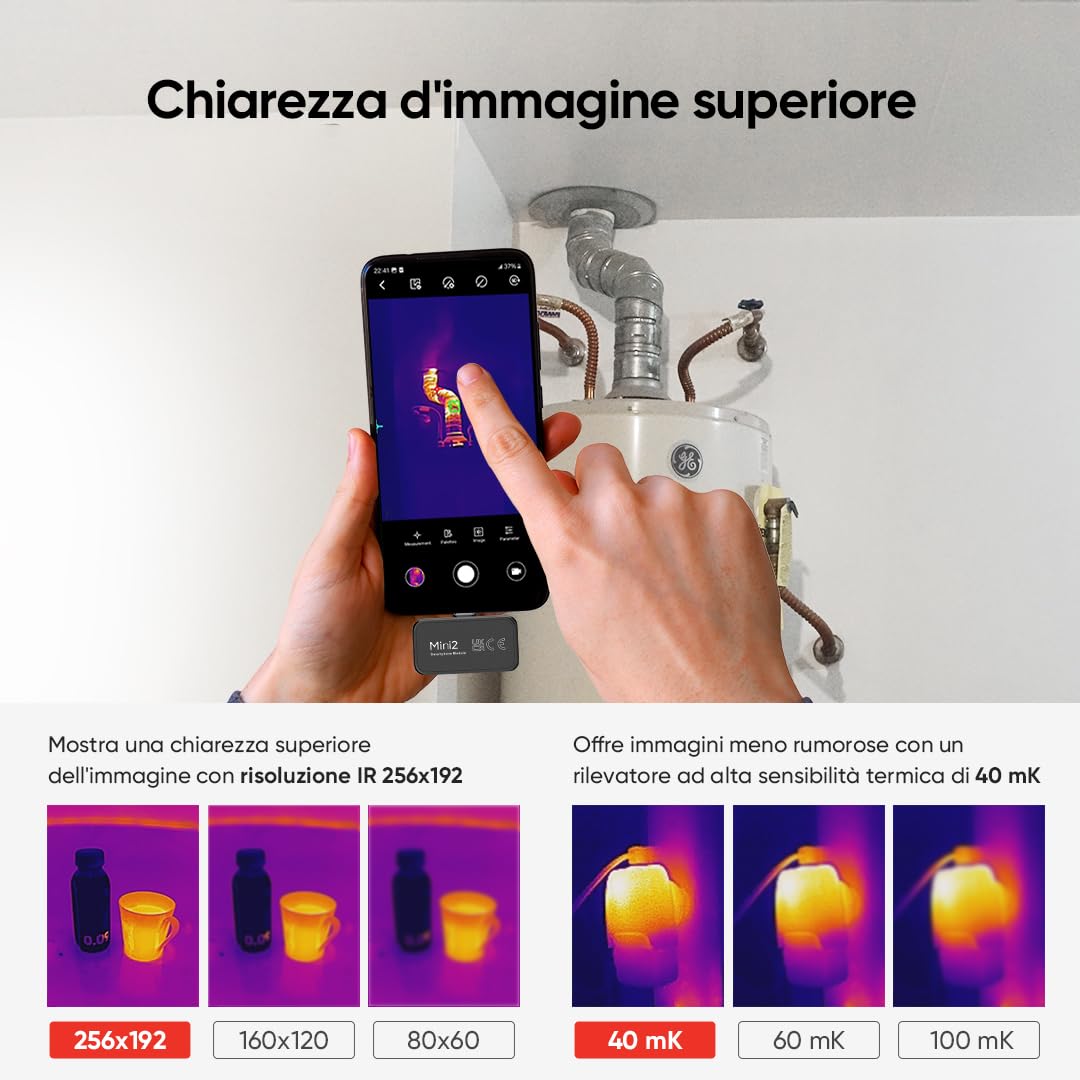 Termocamera HIKMICRO Mini2 Android, risoluzione IR 256 x 192, termocamera per Android, frequenza di aggiornamento 25 Hz, grandangolo 50°, 49.152 pixel, da -20 °C a 350 °C, USB-C (non per iPhone)