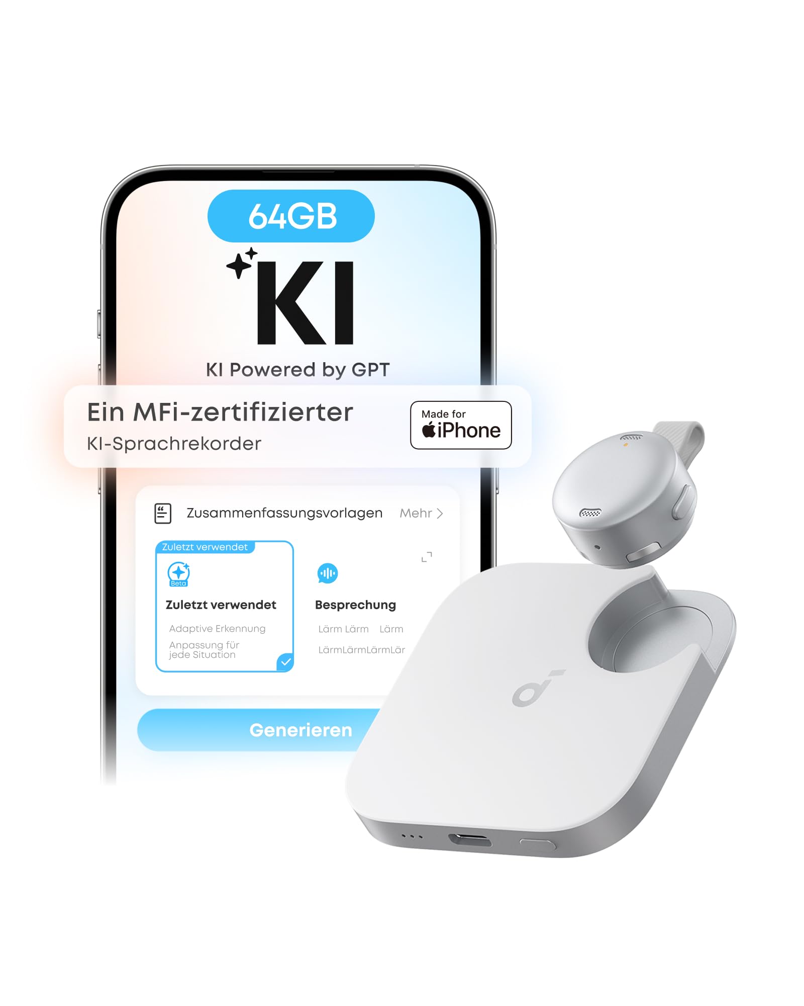 soundcore Work by Anker KI Stimmrekorder, Digitales Diktiergerät mit KI-Schreibfunktion und Spracherkennung, 150+ Sprachen, kombinierte Protokolle für Meetings und Vorlesungen, MFi-Zertifiziert 64GB