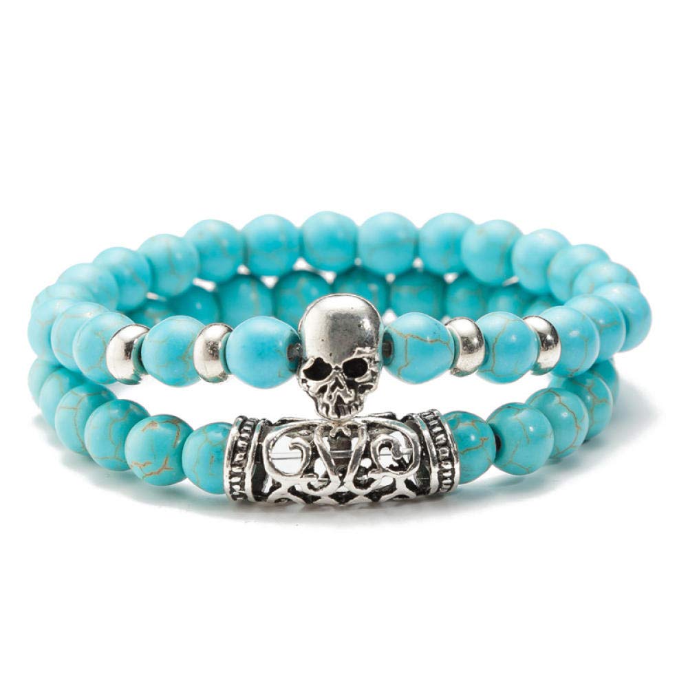 Stein-Armband, Naturstein-Perlenarmband, 8 mm modisches Totenkopf-Perlen-Energie-Türkis-elastisches Armband-Set, personalisierte Kleidungsaccessoires