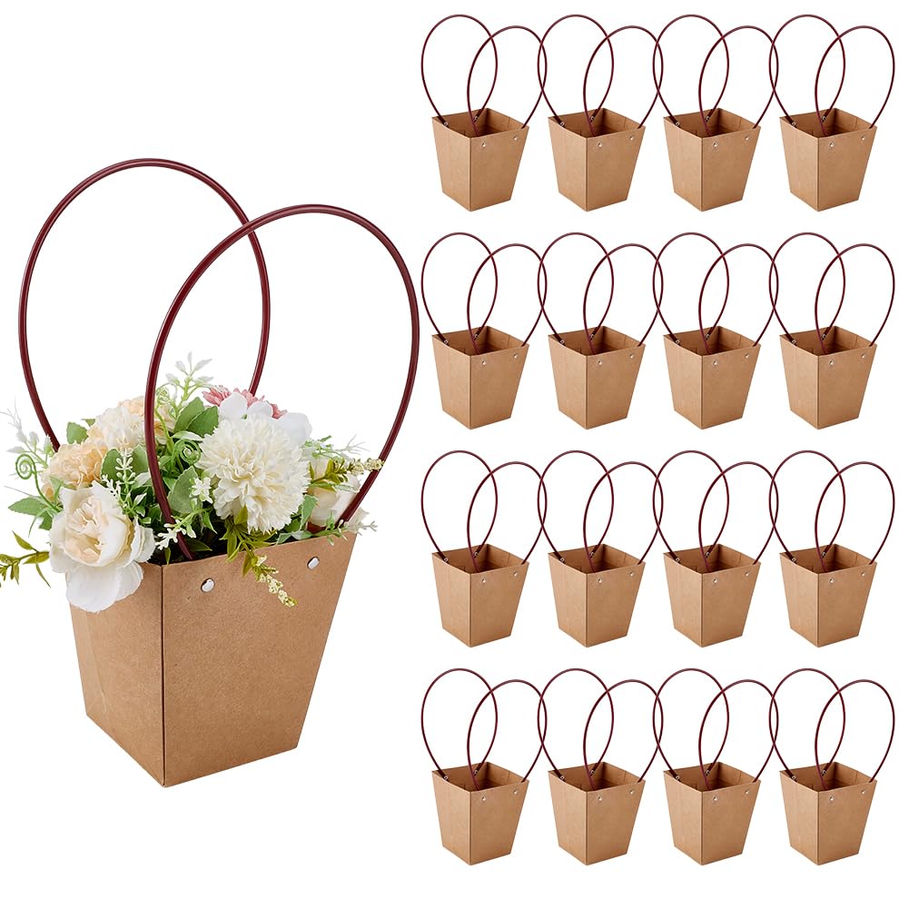 NBEADS 16 Pcs Trapezoid Paper Bouquet Bags with Handles, 13x13x15.5cm Flower Gift Tote Bags with Waterproof Lining for Mother's Day Wedding Floral Arrangements, Camel โ image 1