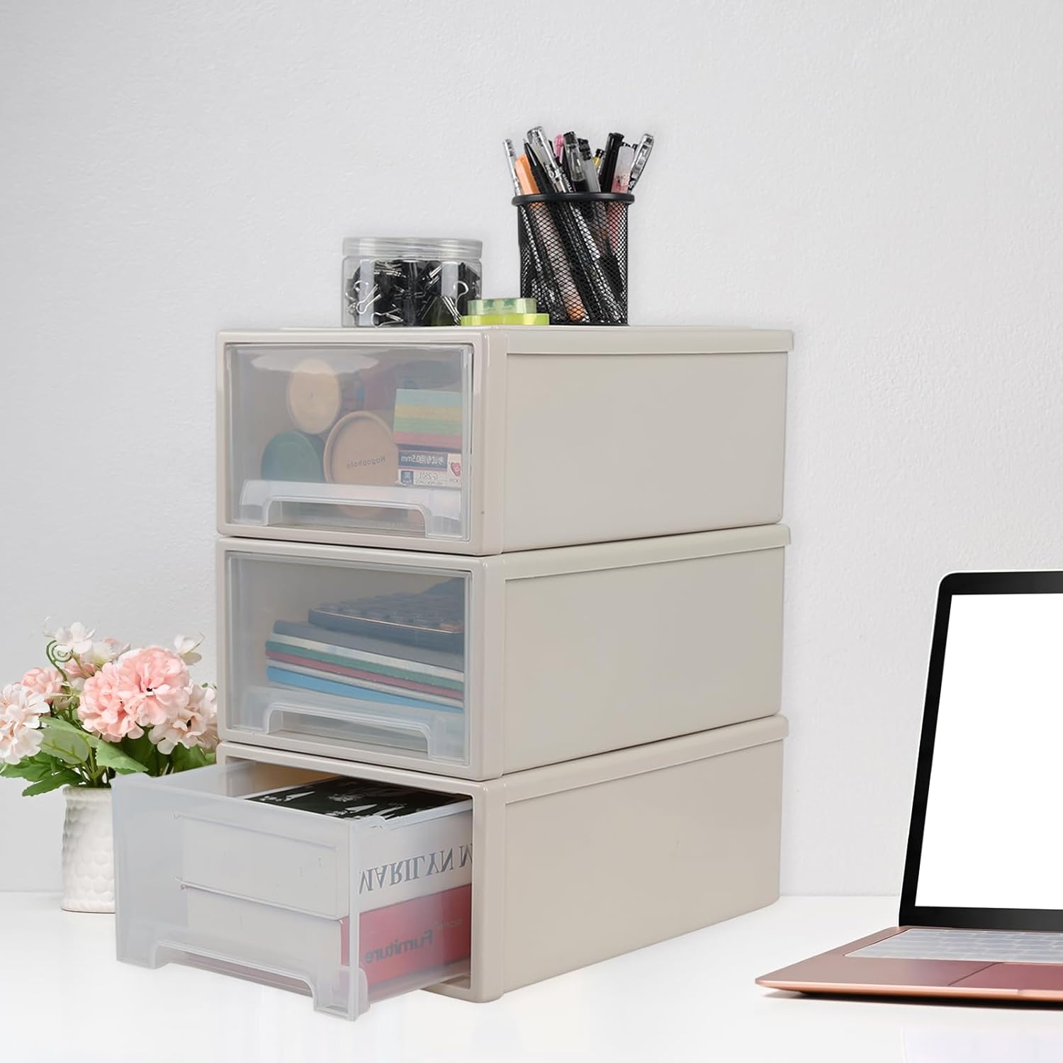 12 Quart Plastic Storage Drawer Unit, Stackable Desktop Storage Drawer, 3 Packs