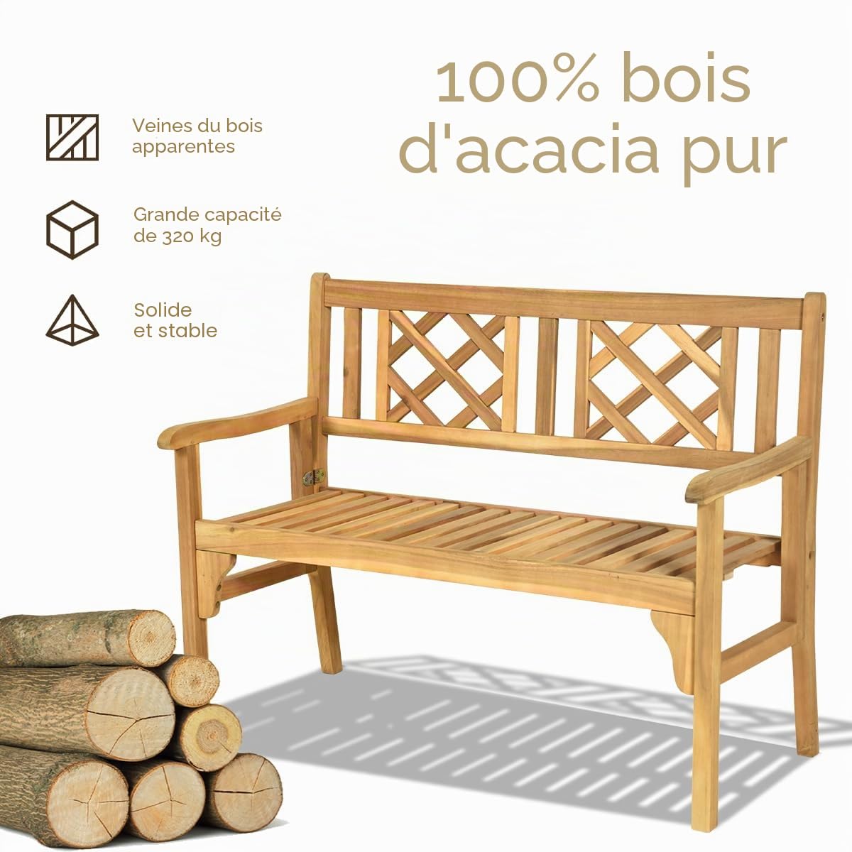 KOMFOTTEU Banc de jardin pliable pour extérieur, banc de jardin portable en bois d'acacia avec charge de 320 kg, banc 2 places pour terrasse, balcon, jardin