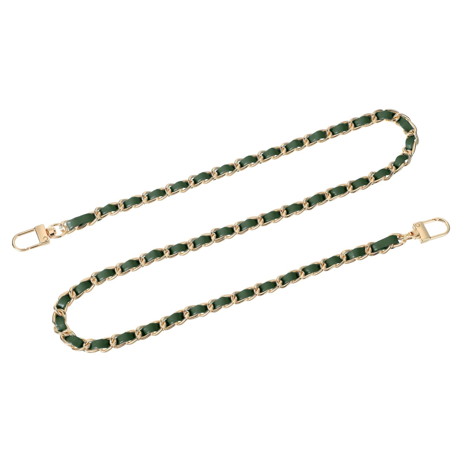 sourcing map Purse Chain Strap, 32" Leather Iron Flat Chain Strap Handbag Chains Purse Straps with Buckles for Shoulder Bags Replacement Strap (Green Strap + Gold Chain)