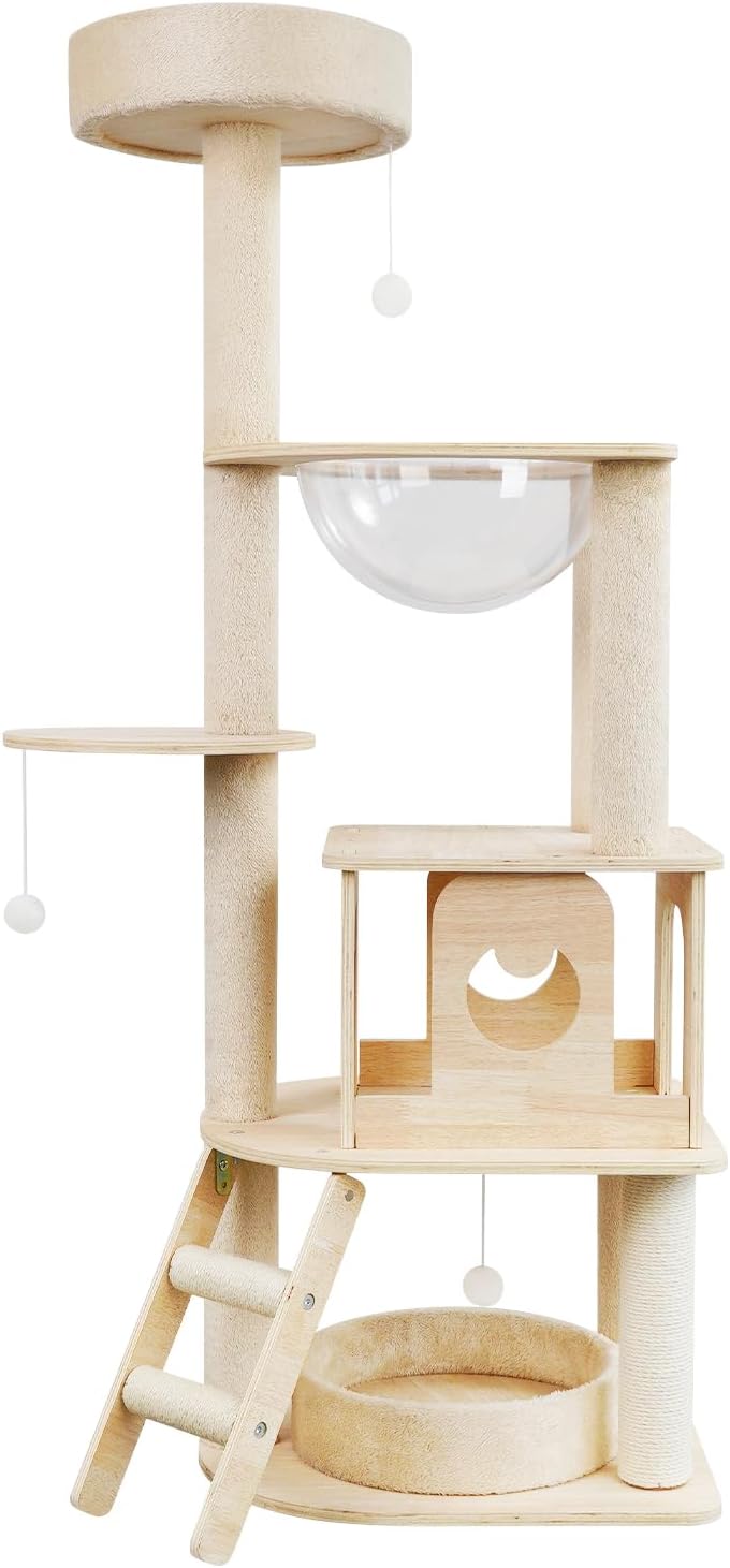 Sthdofrpaits Modern Wooden Cat Tree Tower for Indoor Cats 51in, Multi-Level Tall Cat House Condo with Sisal Scratching Post, Acrylic Dome, Step Ladder, Dangling Balls, Large Perches for Cats Play Rest 51in Modern Wood Cat Tree