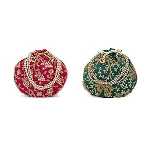 Designer Embroidered Potli Bag Combo- Pink & Green