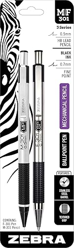 Zebra Pen Juego de escritura de acero inoxidable, lápiz mecánico M-301 y lápiz mecánico F-301, agarre negro, paquete de 2