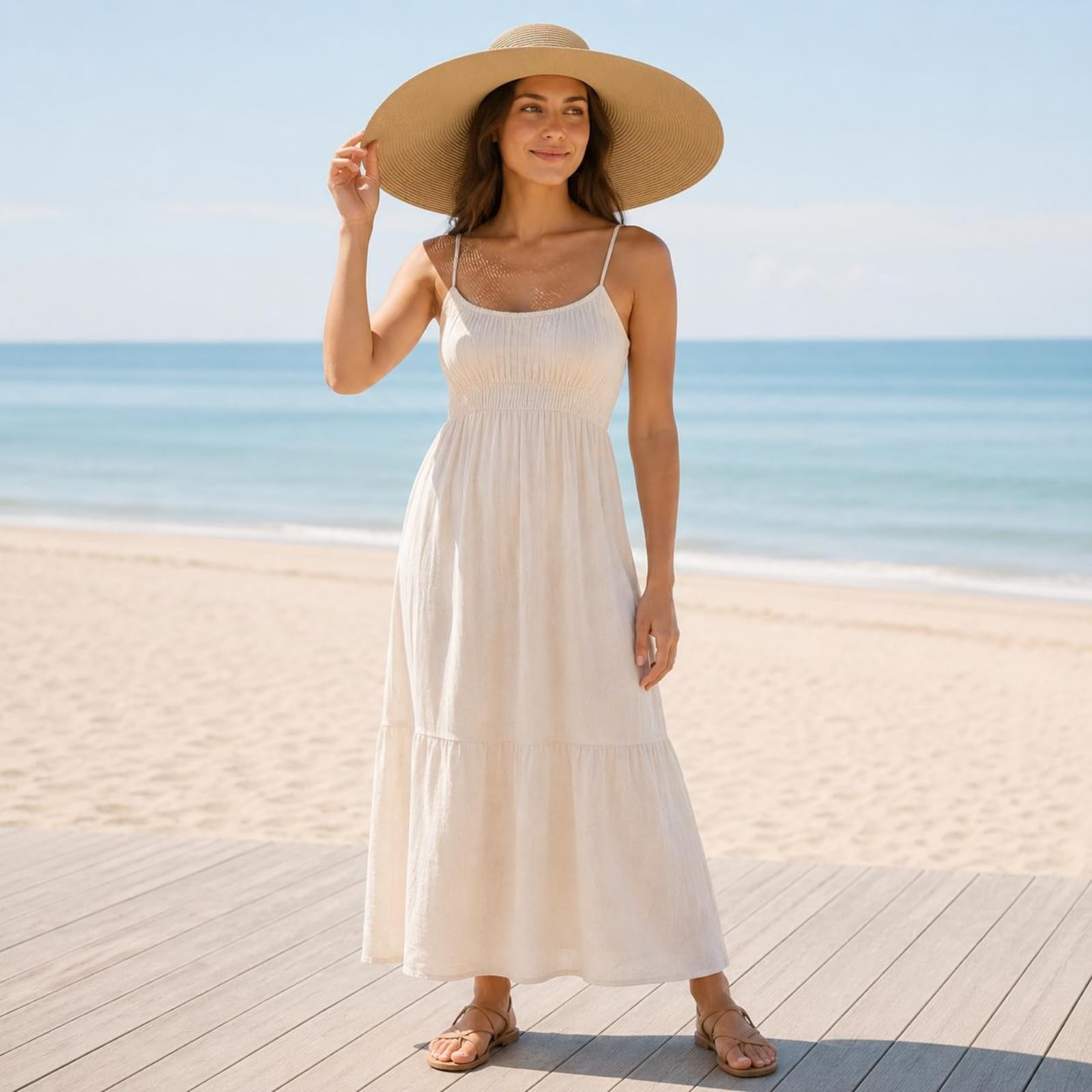 Cappello di Paglia con Ampia Visiera Larga Portatile Cappello da Spiaggia con Ampia Visiera Larga Leggero Accessorio Moda Estivo per Vacanza, White, 25CM