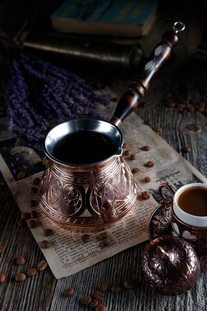 Image of DEMMEX 2019-9 Oz Thick 2mm Copper Turkish Greek Arabic Engraved Coffee Pot Stovetop Coffee Maker Cezve Ibrik Briki with Wooden Handle & Wooden Pot Spoon, for 3 People (Copper)