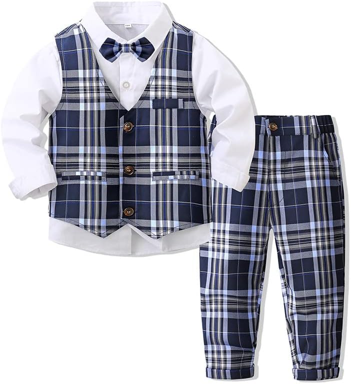 Baby Boys' 4 Piece Gentleman Set with White Shirt,Bowtie,Plaid Vest and Plaid Pants
