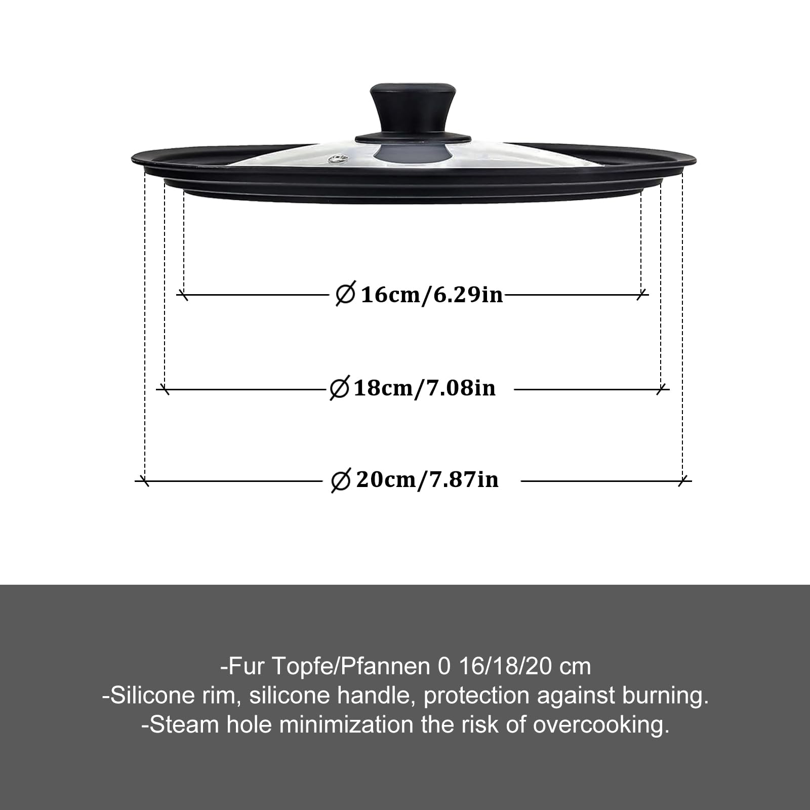 Sunoya Coperchio Universale, Coperchio Pentola, Coperchi Universali Coperchio In Vetro Paraspruzzi, Diametro 16/18/20 Cm E Ø 24/26/28 Cm, Con Bordo In Silicone, Per Pentole E Padelle(Nero)