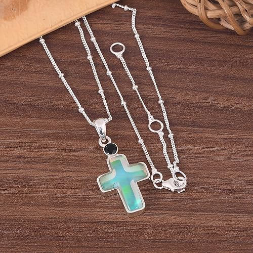 Sterling Silver Religious Cross Pendant Necklace, 925 Silver, Turquoise and Black Accent, Lariat Style