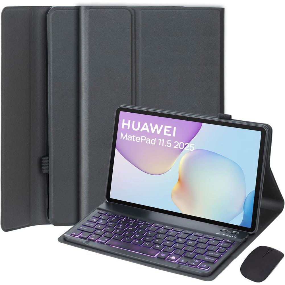 Funda con Teclado para Huawei MatePad 11,5 Pulgadas 2025 Tableta, Teclado Bluetooth Inalámbrico Español Ñ Desmontable con Retroiluminación De 7 Colores, Funda Ultrafina con Ratón