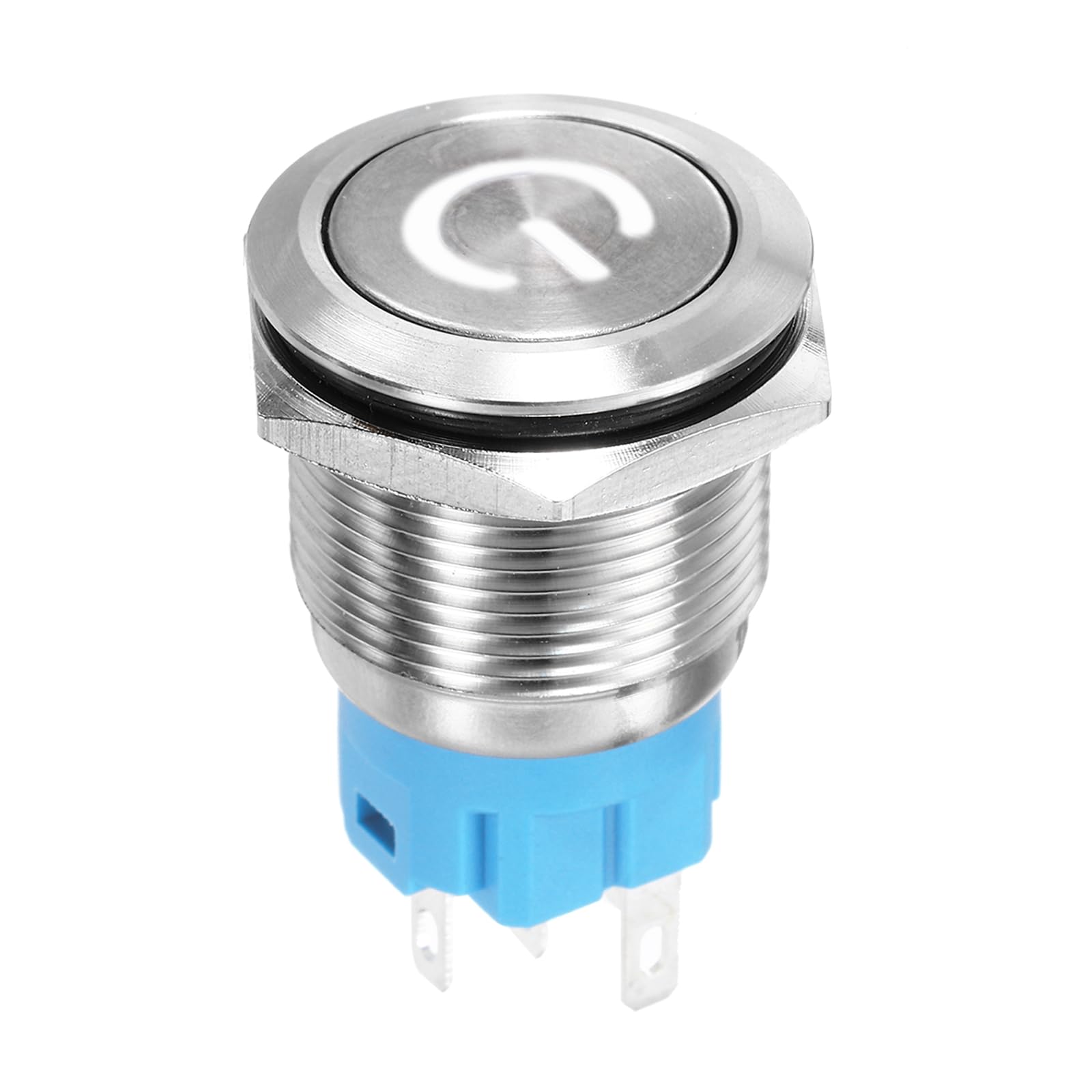 DMiotech 19mm / 3/4" Stainless Steel Latching Push Button Switch Flat Head 5A 12-24V Silver Shell with Welding Foot White LED 1NO1NC for Car Boat Systems Custom Setups