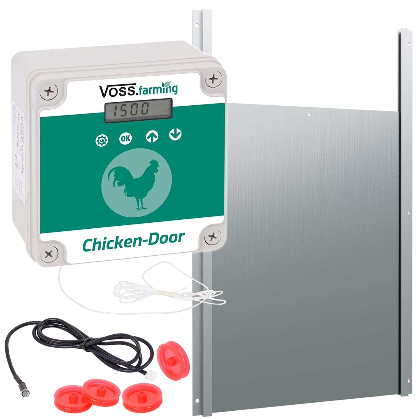 VOSS.farming Set Apriporta Automatico per pollaio Chicken-Door + Porta Scorrevole, 300 x 400 mm,Ideale per Tutti i Tipi di pollai