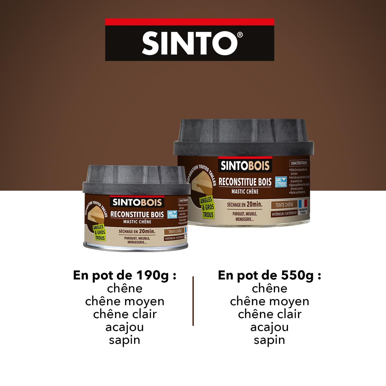 SINTO Mastic reconstitue angles et gros trous chêne 500ml, mastic bi-composant séchage en 20 min, parquets meubles menuiseries, bonne adhérence et résistance sur bois, intérieur et extérieur