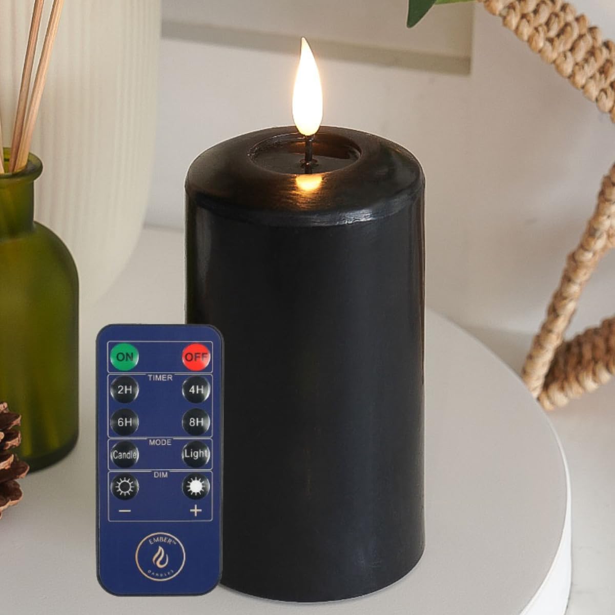Ember Candles™ 12.5cm Signature Black, LED Flickering Battery Candle, with Remote & Timer, 100% Real Wax, Ultra-Realistic, Flameless, Hand-Poured Design Mood Lighting for Home, Parties, Events