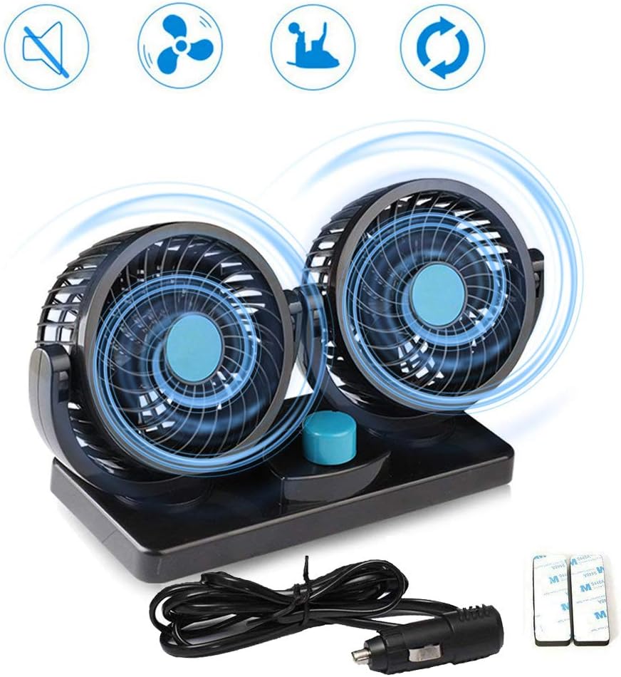 MAXTUF Car fan 12V Electric Auto Cooling Fan, Low Noise 360 Degree Rotatable with 2 Speed Dual Heads Dashboard Powerful Summer Air Circulator for Sedan Vehicle Truck RV SUV Boat