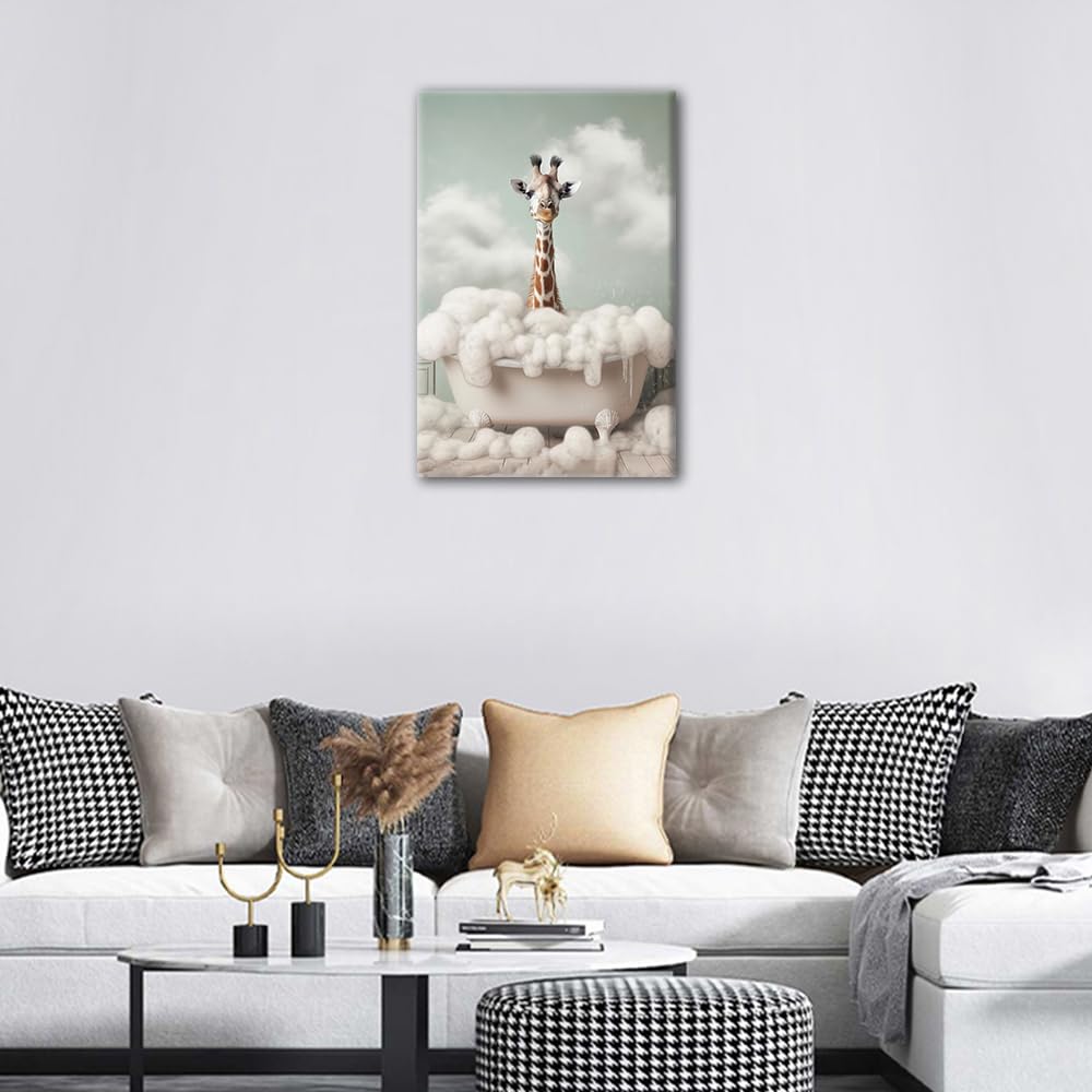 TISHIRON 1 Pieces Bathtub Animal Giraffe Pictures Home Decor Giraffe Bathing in the Bathtub Bathroom Wall Art Modern Home Decor Posters & Prints Stretched and Framed Ready to Hang (16" Wx24 H) - Image 4