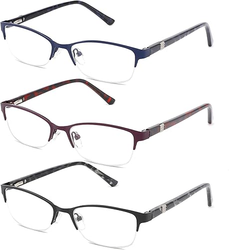 CRGATV Paquete de 3 lentes de lectura para mujer, bloqueo de luz azul, de metal, medio marco, para lectura de computadora, antirayos UV, fatiga
