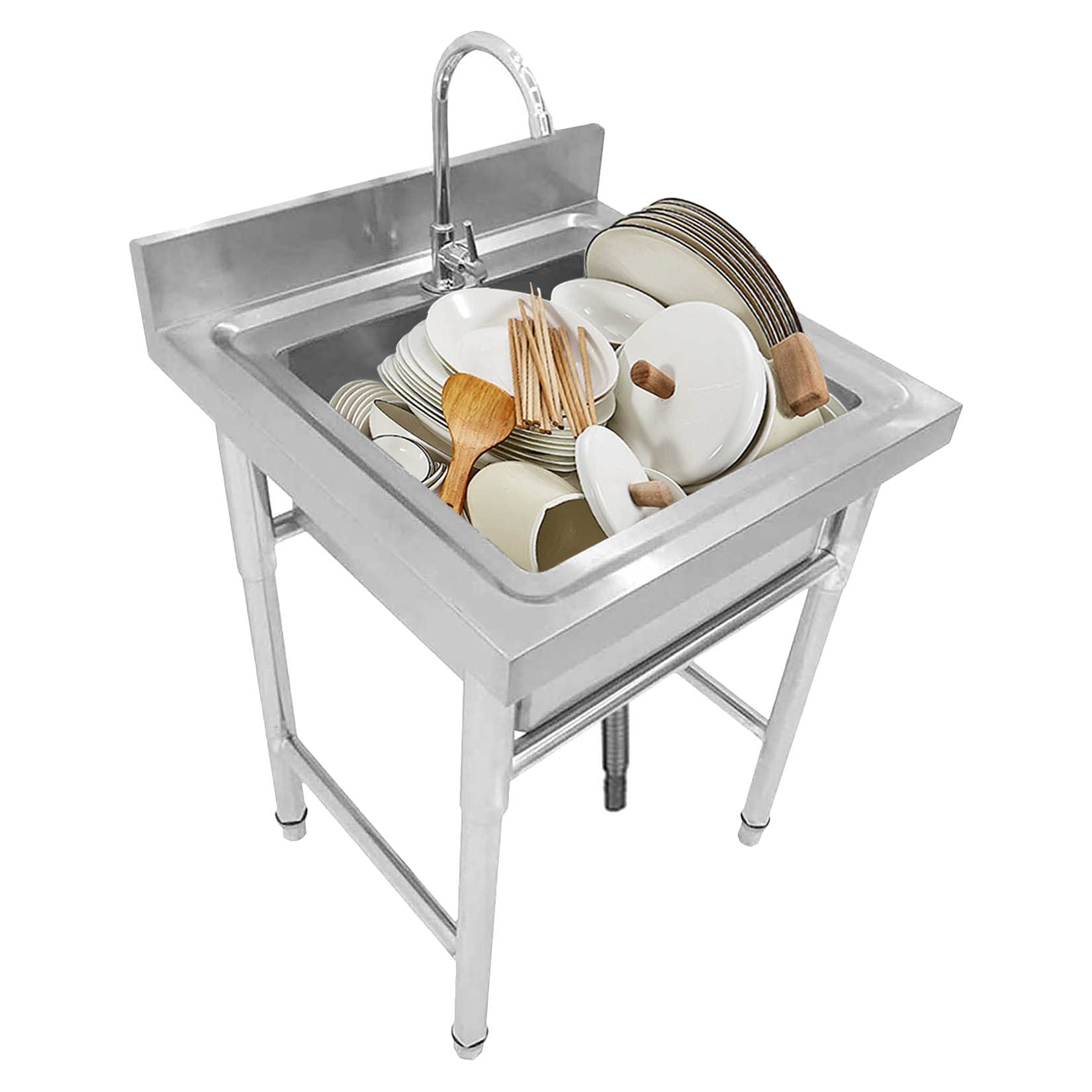HCZKIUJY Kitchen Utility Sink,Single Bowl 304 Stainless Steel Kitchen Sink, Commercial Sink with Faucet, Freestanding Utility Laundry for Indoor + Outdoor, Silver (60x60x80cm)