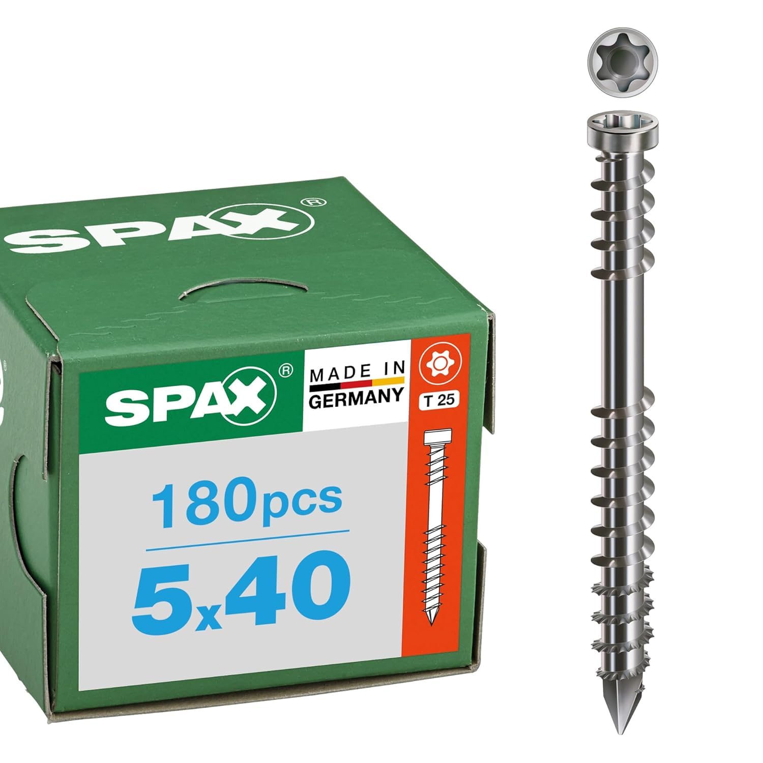 SPAX Terrace Screw, 5 x 40 mm, Pack of 180, Fixing Thread, Cylinder Head, T-Star Plus T25, Cut Tip, Rustproof Stainless Steel A2-8000000288210