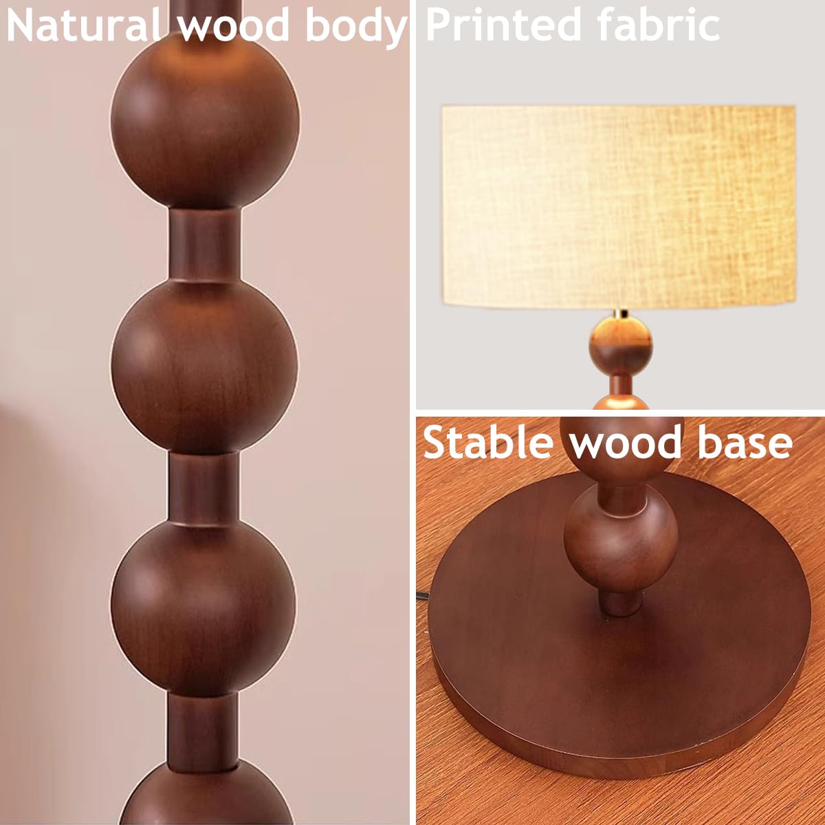 Lámpara De Pie Wabi-sabi De Madera De 62,2" Con Base De Lino Y Nogal. Lámpara De Pie Redonda De Tela Con Atenuación E26 Para Sala De Estar, Estudio, Dormitorio Y Pasillo.