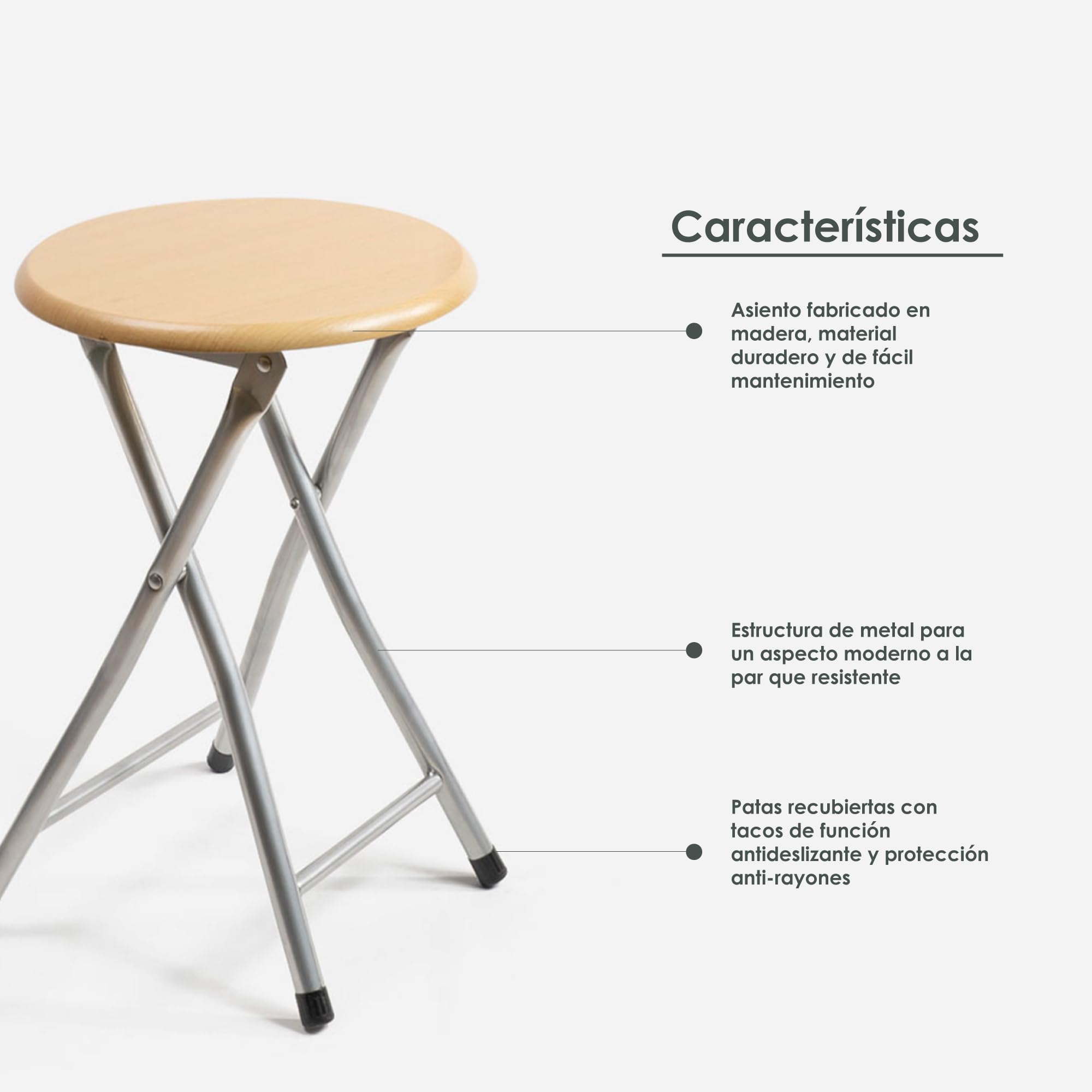 THE SECRET HOME - Pack de 2 Taburetes Plegables de Madera - 30x45cm - Estructura Metálica - Ideal para Cocina, Terraza o Jardín (Madera Natural - Pack de 2 uds)
