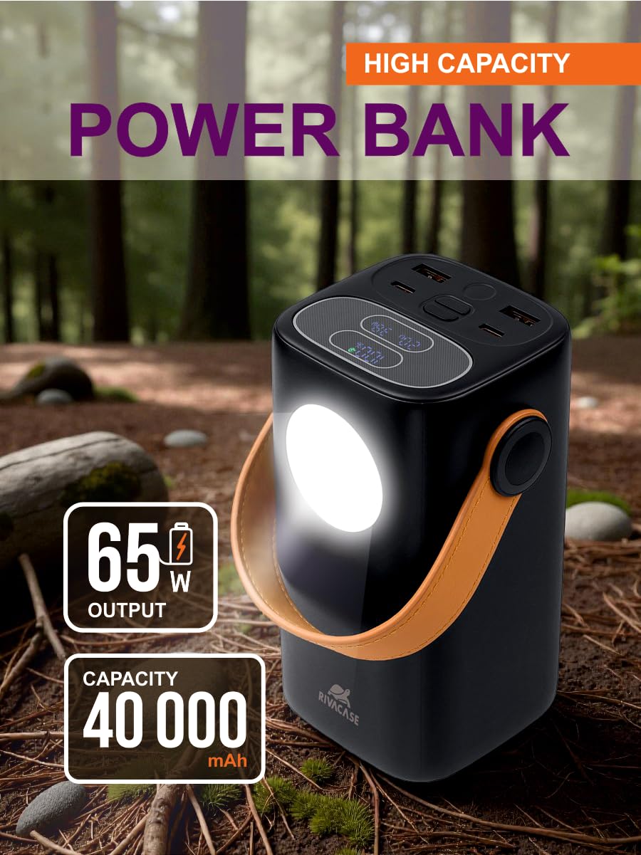 RIVACASE VA1085 Turbo Powerbank 40000mAh | PD 65 W, con lámpara de camping