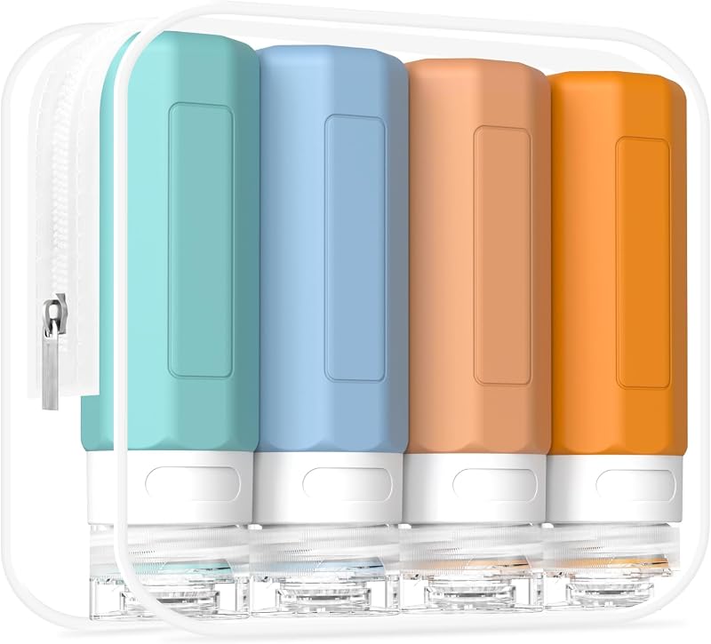 Redfly Frascos Recarregáveis de Silicone para Viagem, 90 mL, Pacote com 4 e Necessaire