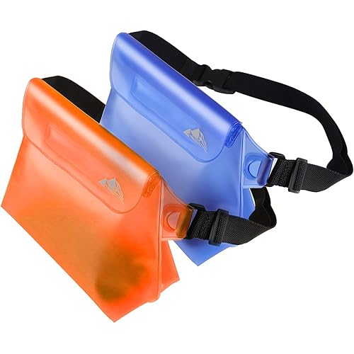 HEETA 2-Pack Waterproof Pouch with Waist Strap, Transparent Screen Touchable Dry Bag with Adjustable Belt for Phone Valuables for Swimming Snorkeling Boating Fishing Kayaking (Blue & Orange)