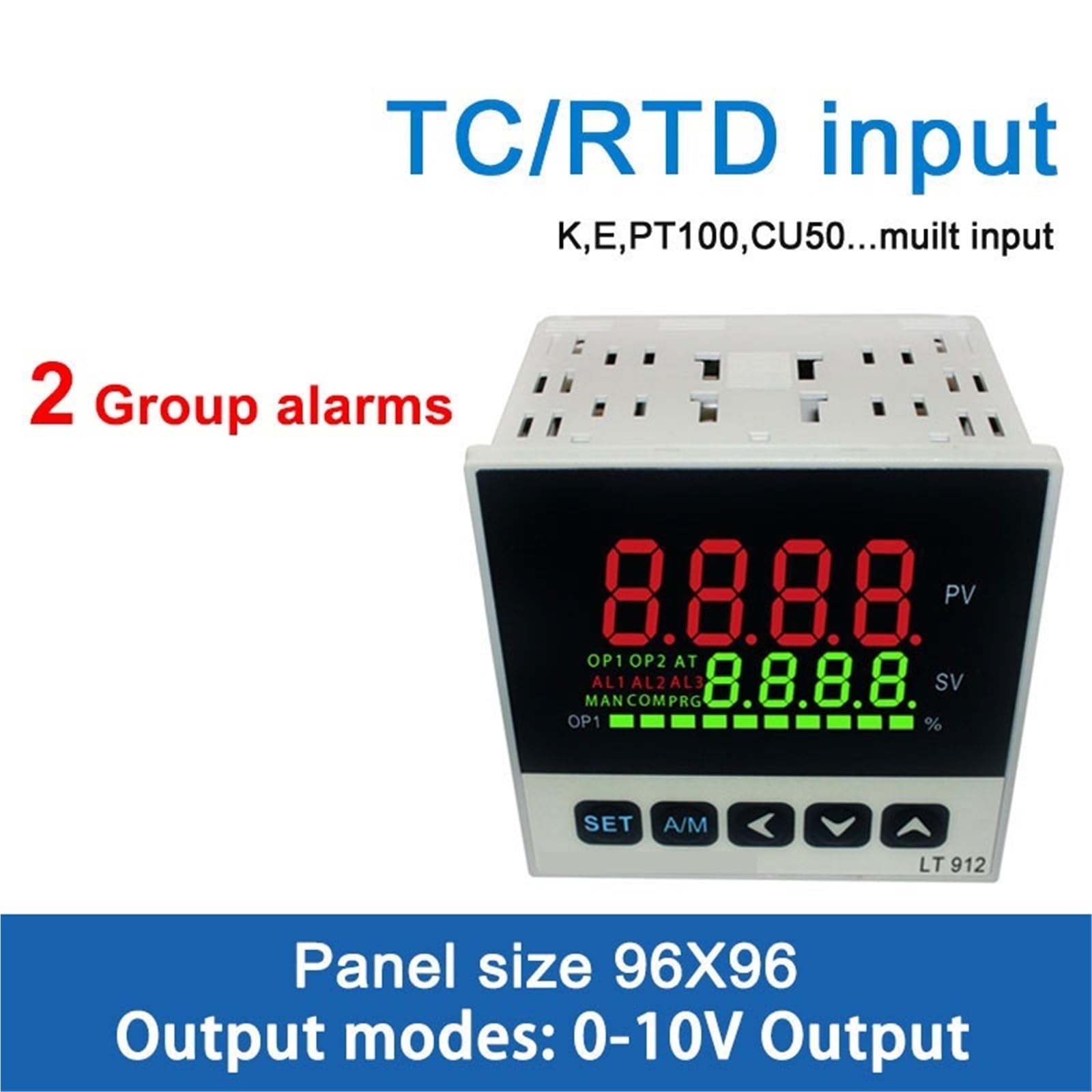 Controlador de Temperatura PID, Entrada TC/RTD, 4-20MA, 0-10V, Salida de relé SSR, regulador PID, termómetro Digital LED 96 * 96 LT912(0-10V out 2Alarms)