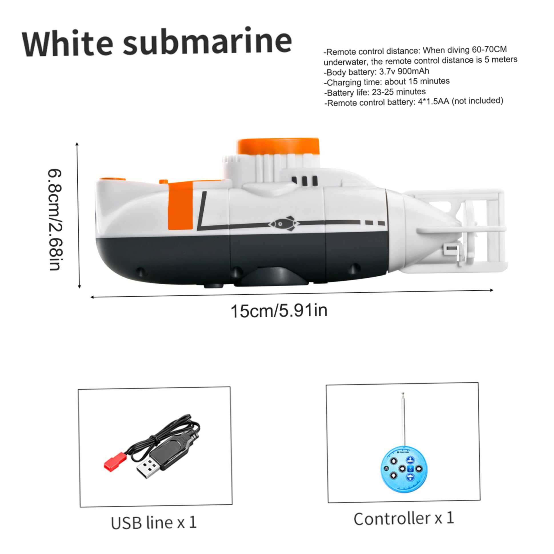 sous-Marin télécommandé, sous-Marin télécommandé, Jouet de Simulation étanche pour Enfants, Rc Toutes Directions, Rc Rechargeable par USB, Blanc pour Un Usage Quotidien