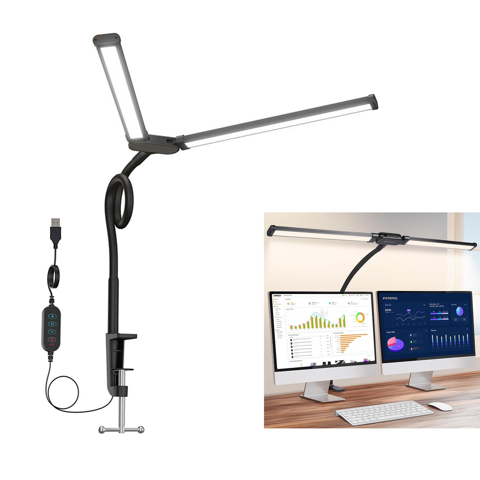 Lampada da lavoro LED a clip con doppio collo cigno, lampada da lettura a risparmio energetico, 10 luminosità per trucco e fotografia Luminosità dimmerabile