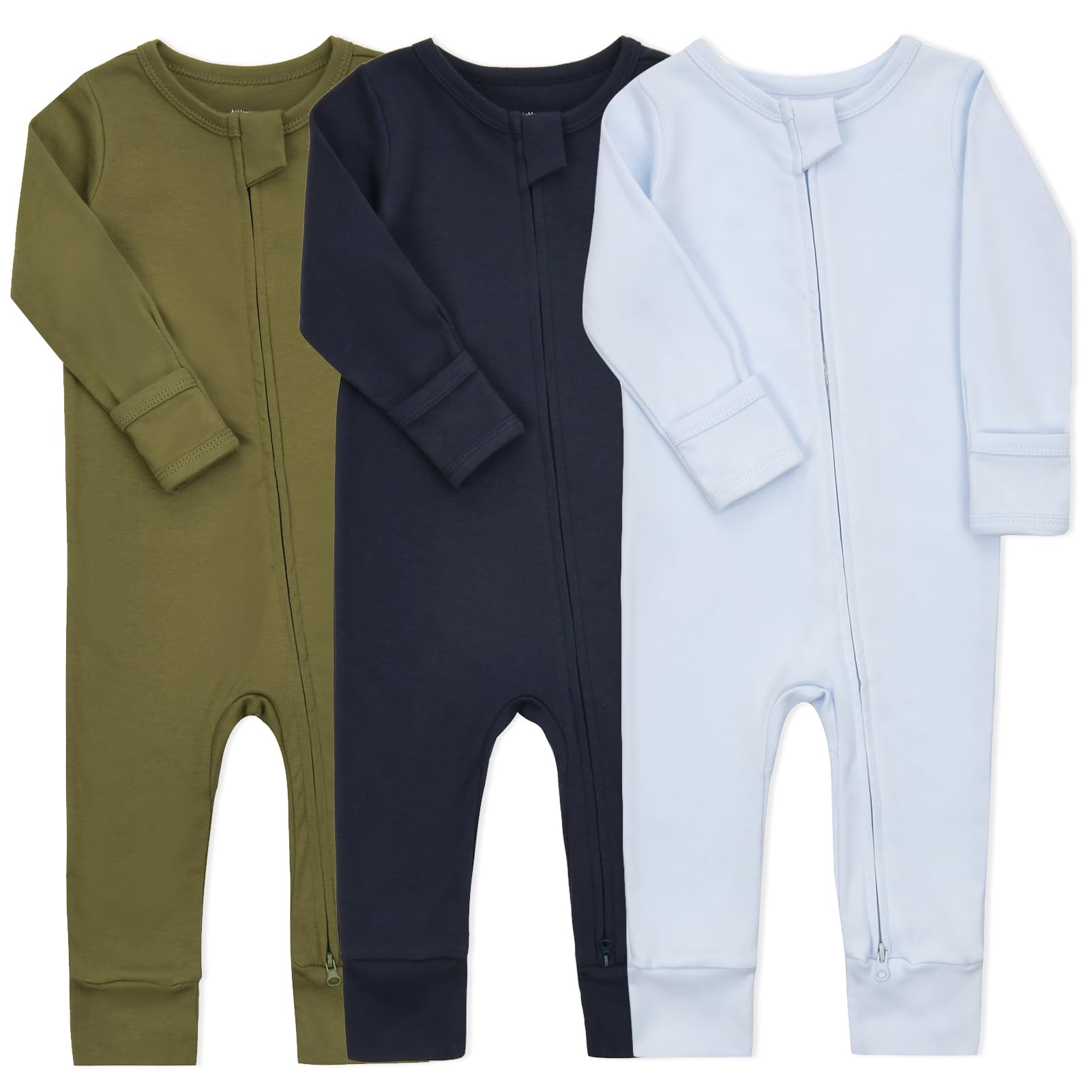 Aablexema Baby Cotton Fooltess Pajamas with Mitten, 3-pack Infant Romper Zip Up One Piece Jumpsuits Outfit
