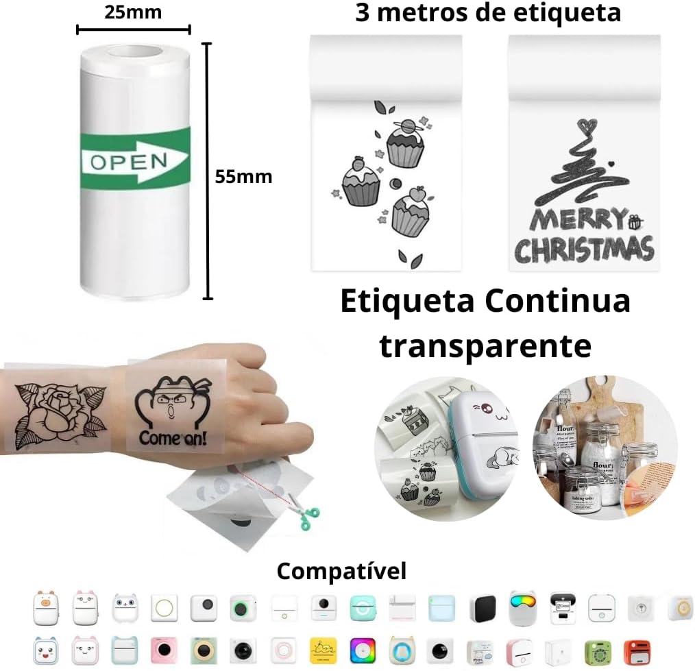 Kit 3 Bobinas Etiqueta Térmica Adesiva 55x25mm 3 Metros Transparente Rolo Para Mini Impressora Portátil e a Prova De Água Papel Térmico Adesivo Kit 3 Bobinas Contínua StartBox