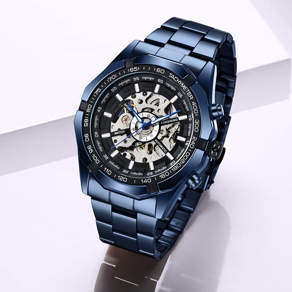 Tiong Men's Mechanical Watch Stainless Steel Men's Luminous Hand Watch, Skeleton Roman Numerals Waterproof Mechanical Watch - Image 2