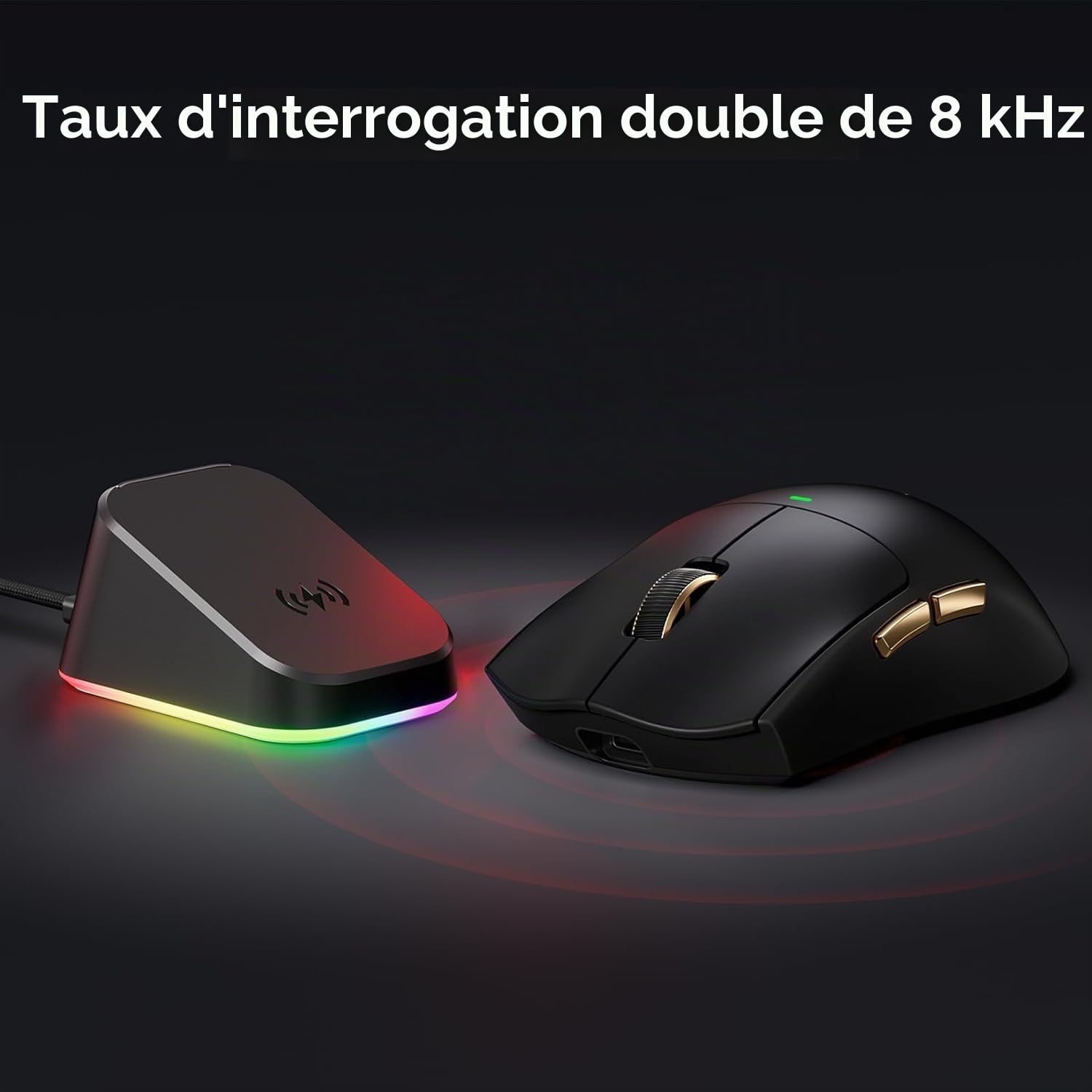 MCHOSE K7 Souris de jeu sans fil ultra sans fil avec station de charge magnétique, capteur optique PAW3950, double interrogation 8K, 42 K DPI, 59 g, 5 boutons programmables, batterie de 130 heures (or