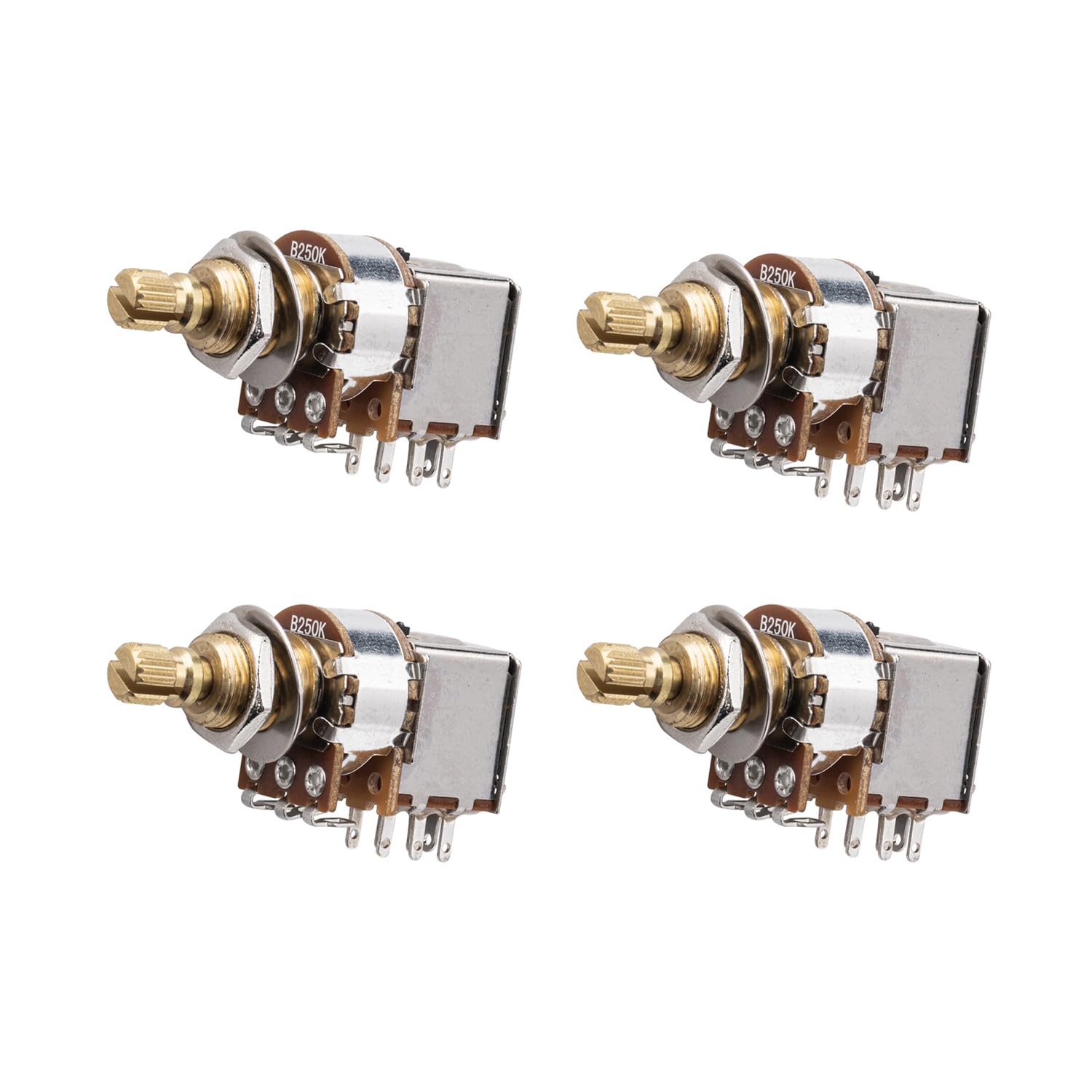 Potenciómetro de latón de empuje B250K de eje largo de 18 ranuras, rosca de 9,4 mm, control de tono de guitarra/volumen (juego de 4)