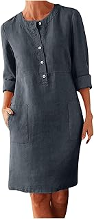 Women's Half Button Down Cotton Linen Dress Long Sleeve Fall Casual Crewneck Knee-Length Dresses with Pockets - Buy now
