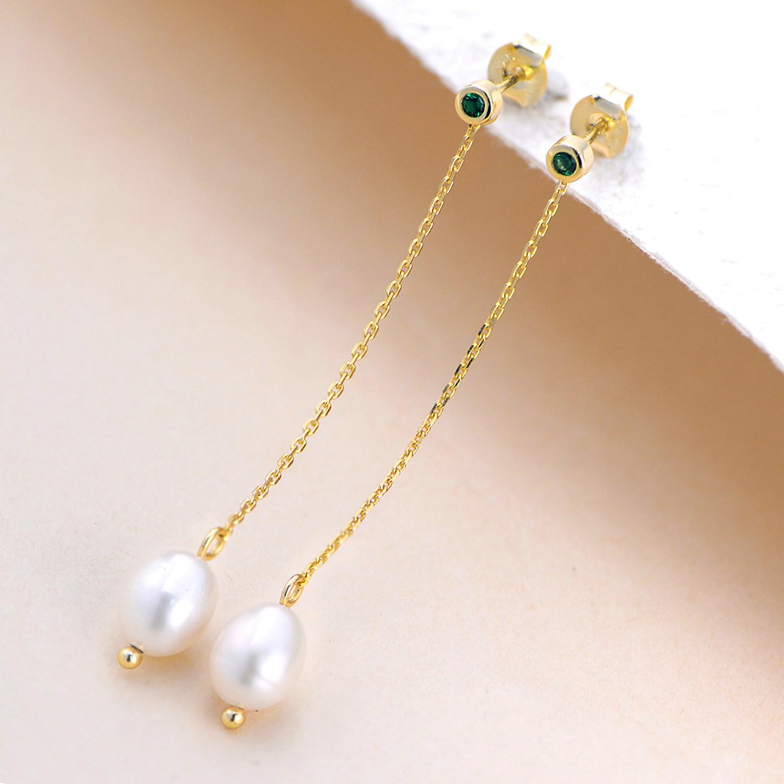 Orecchini lunghi da donna, in oro 9/14/18 carati, da appendere, 6 x 8 mm, con perle d'acqua dolce