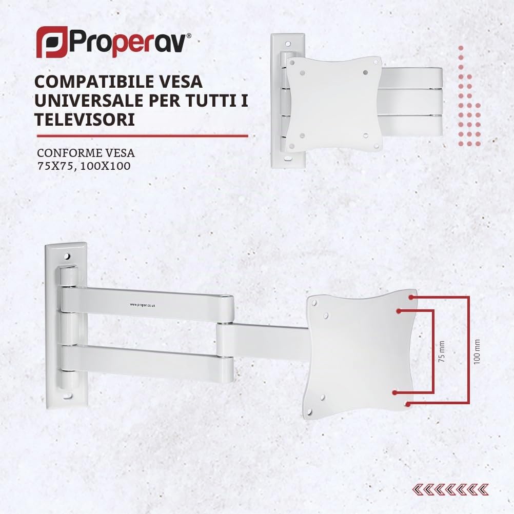 ProperAV Supporto da parete per TV da 13", 19", 22", 23", 24", 28", inclinabile 70°, VESA max 100x100, colore: Bianco
