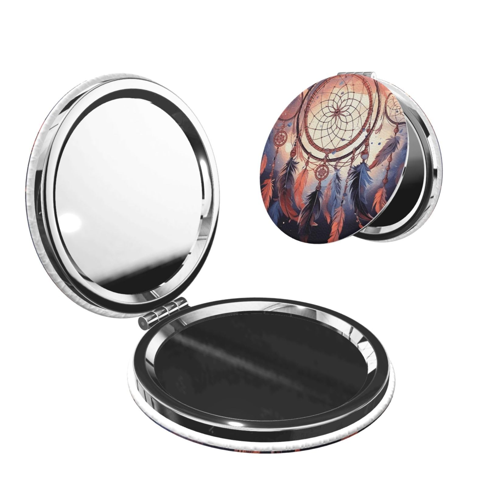 Fodpand Women's Round Shape Native American Dream Catcher Compact Mirror For Purse, 2X/1X Travel Magnifying Mirror For Pu Leather Handheld Makeup Mirror For Girls, Folding Beauty Mirror Portable Pocket Cosmetic Mirror
