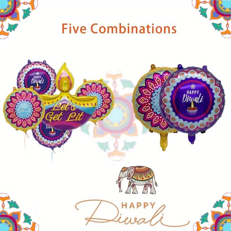 Image of AMFIN Happy Diwali Diya Shape 'Let's get lit' Foil Balloon, Multi - Pack of 5