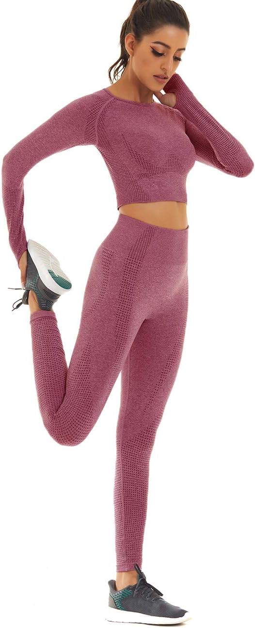 Women Seamless Workout Outfits Athletic Set Leggings + Long Sleeve Top 2 Pieces - Image 4