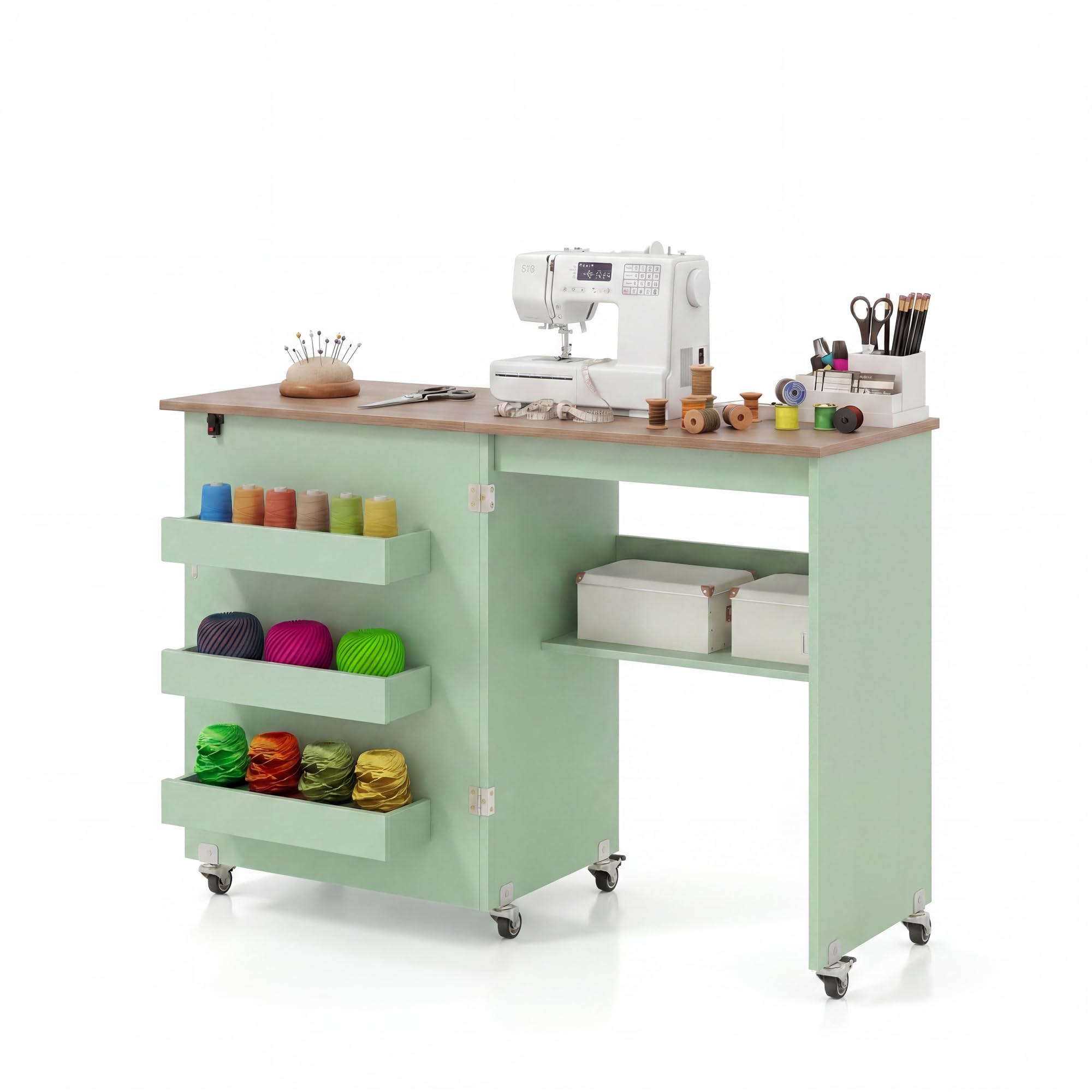 KOMFOTTEU Table Couture Pliable &, 3 Bacs cachés, Vert