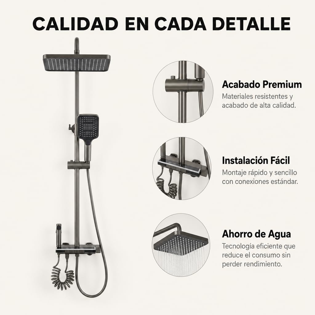 Ducha Termostática con Lluvia, Ducha de Mano, Aspersor Bidé y Control Digital de Temperatura – Columna de Ducha Multifunción Antracita con Tecnología Jet Air, Altura Regulable y Cambio de Función