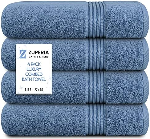 ZUPERIA Bath Towels 27" x 54" Set of 4 Ultra Soft 600 GSM 100% Combed Cotton Large Towels for Bathroom, Highly Absorbent Daily Usage Bath Towel Set Ideal for Pool, Home, Gym, Spa, Hotel (Blue)