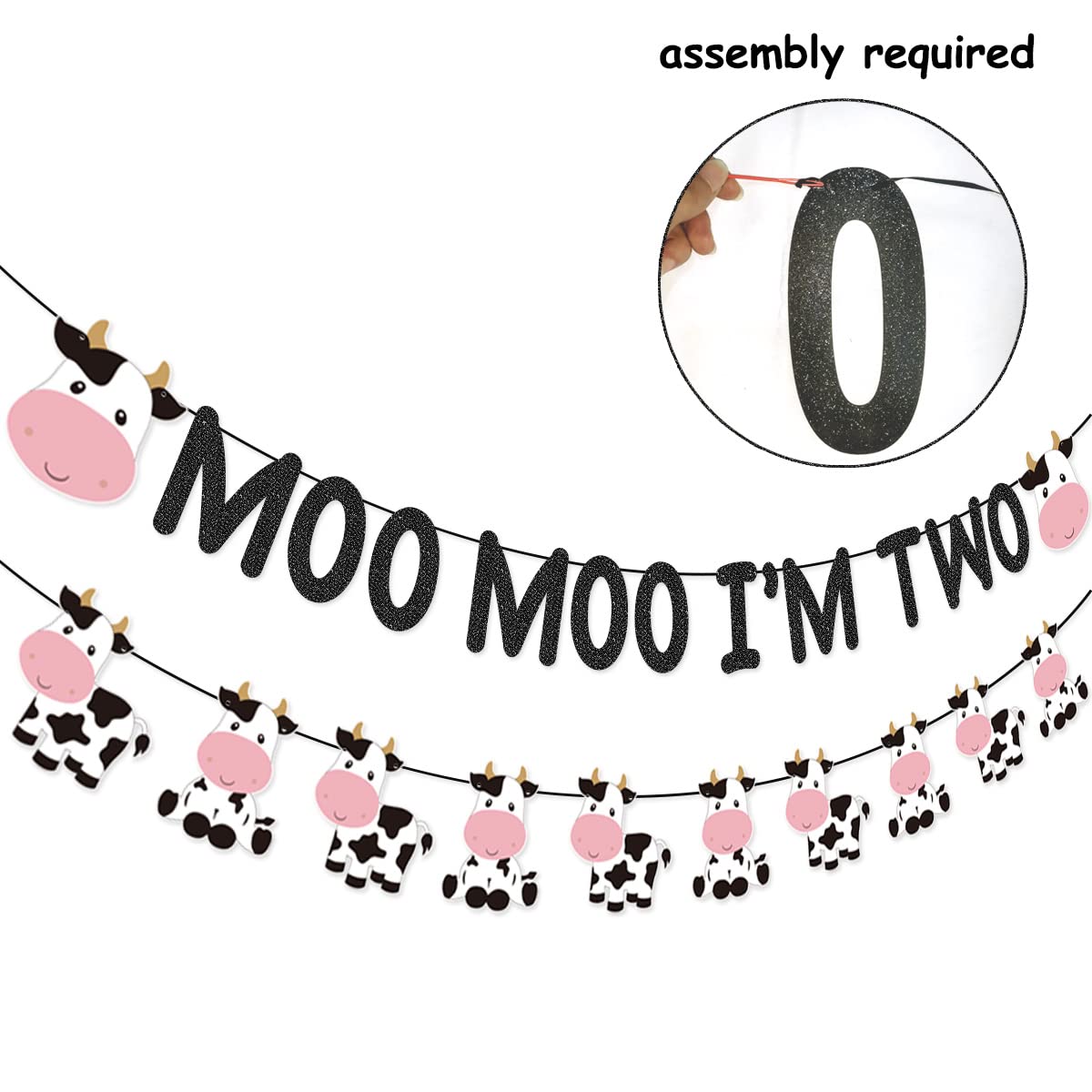 Wulagogo Moo Moo I'm Two Banner y decoración para tarta para fiesta de segundo cumpleaños de vaca, decoración de fiesta de cumpleaños de dos años de animales de granja