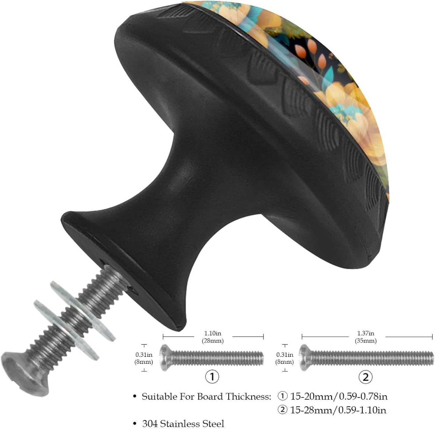 Black Textured Floral Vector Pattern Round Drawer Pulls, Glass Cabinet Knobs with Screws for Various Cabinets